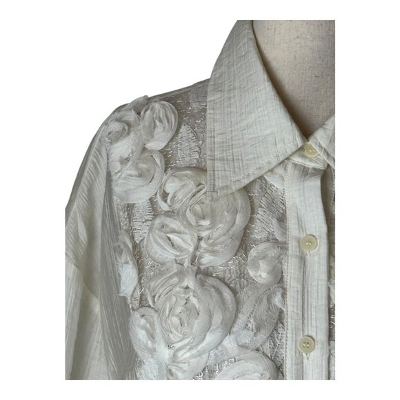 Anewsta Shirt Women Medium White 3D Floral‎ Button Down Blouse NWT Boho Elegant - Picture 7 of 13